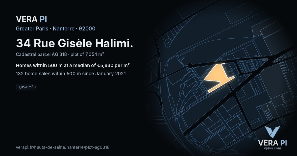 34 Rue Gisèle Halimi, Nanterre at night – the plot lit, the parcels around coloured by the prices near them
