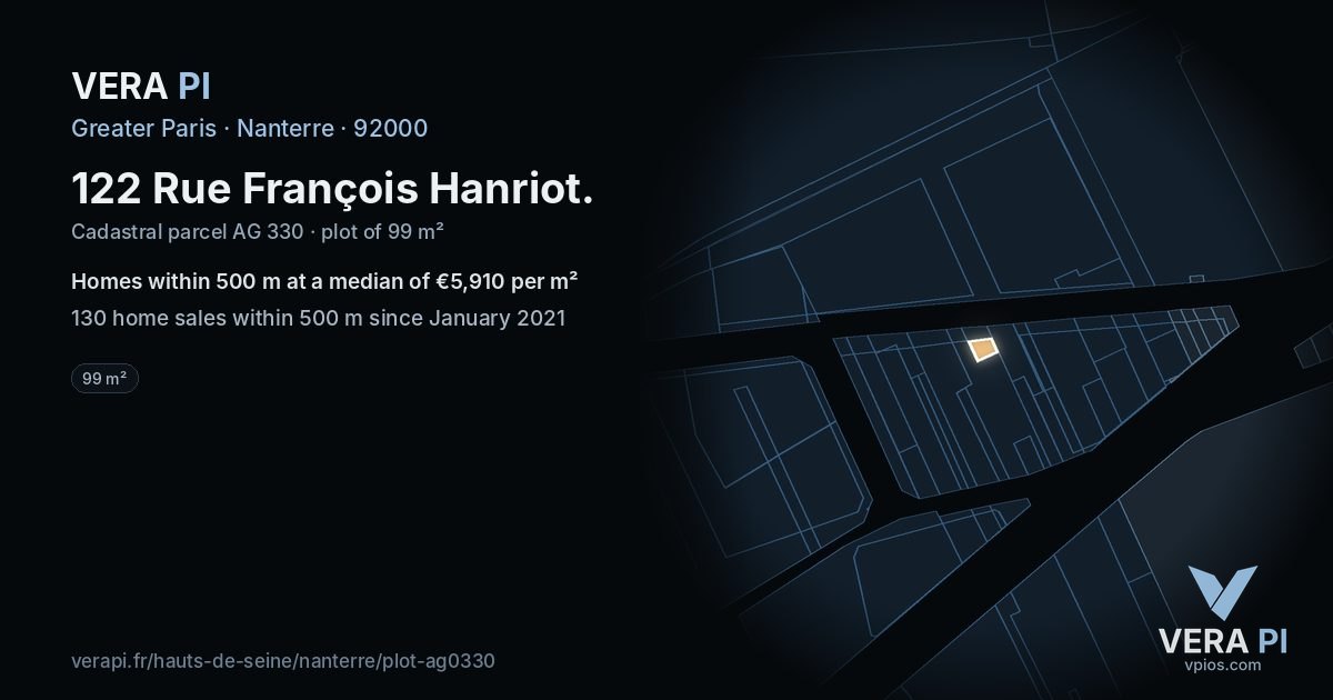 122 Rue François Hanriot, Nanterre at night – the plot lit, the parcels around coloured by the prices near them