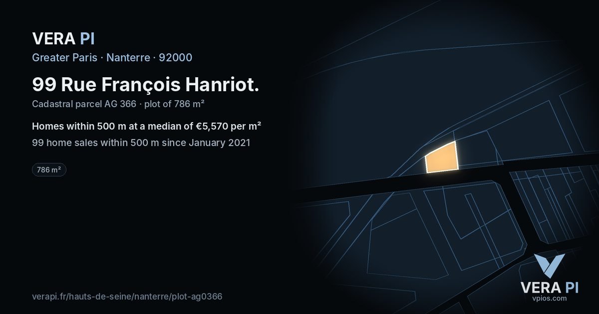 99 Rue François Hanriot, Nanterre at night – the plot lit, the parcels around coloured by the prices near them