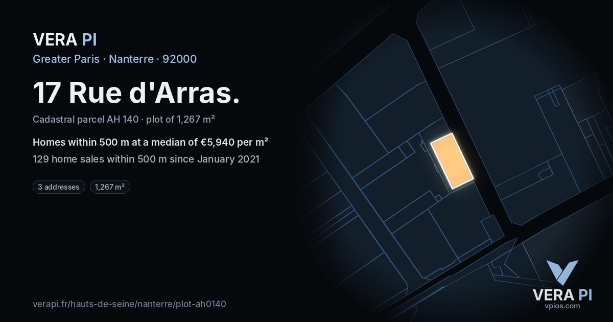 17 Rue d'Arras, Nanterre at night – the plot lit, the parcels around coloured by the prices near them