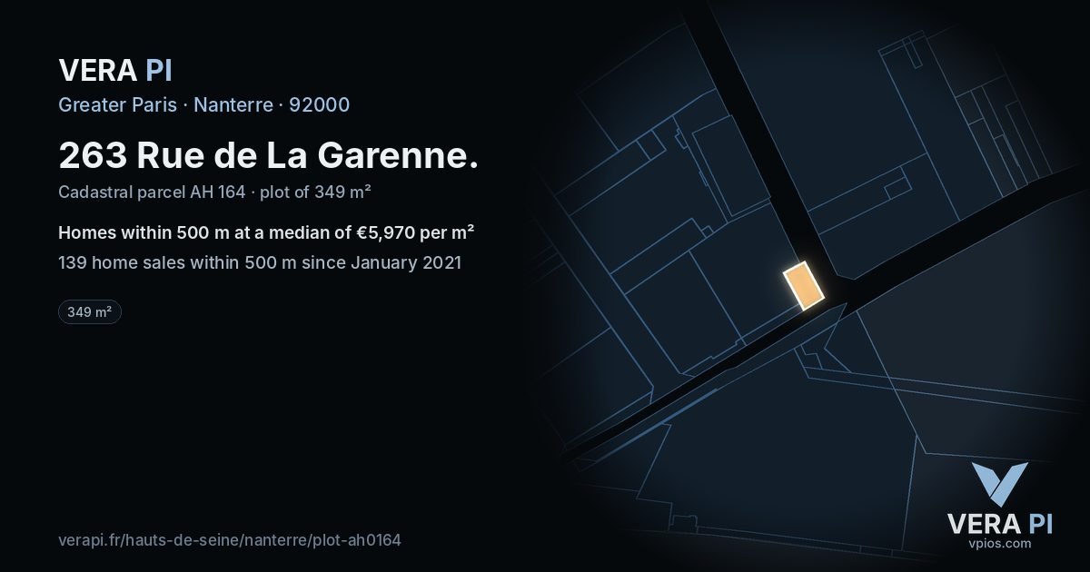 263 Rue de La Garenne, Nanterre at night – the plot lit, the parcels around coloured by the prices near them