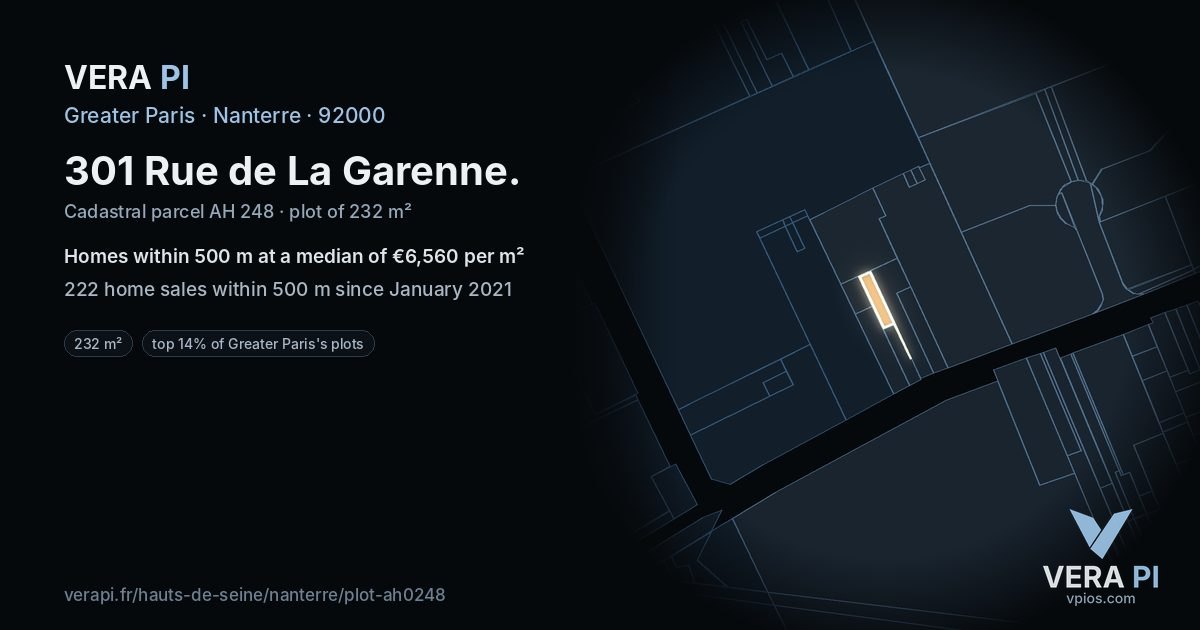 301 Rue de La Garenne, Nanterre at night – the plot lit, the parcels around coloured by the prices near them