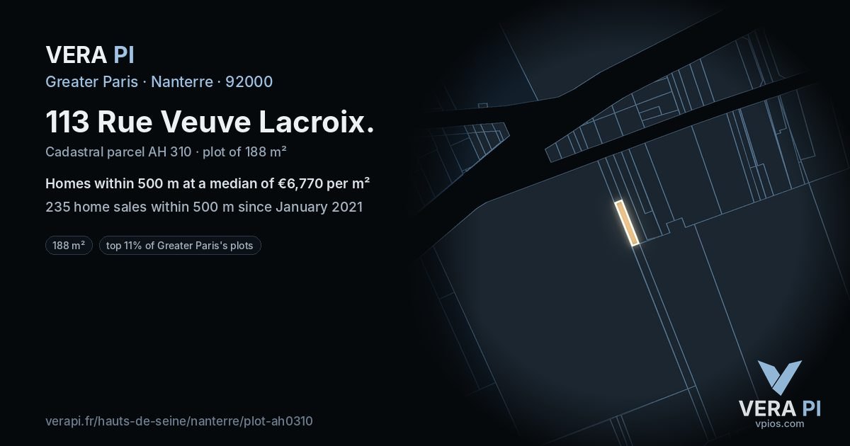113 Rue Veuve Lacroix, Nanterre at night – the plot lit, the parcels around coloured by the prices near them