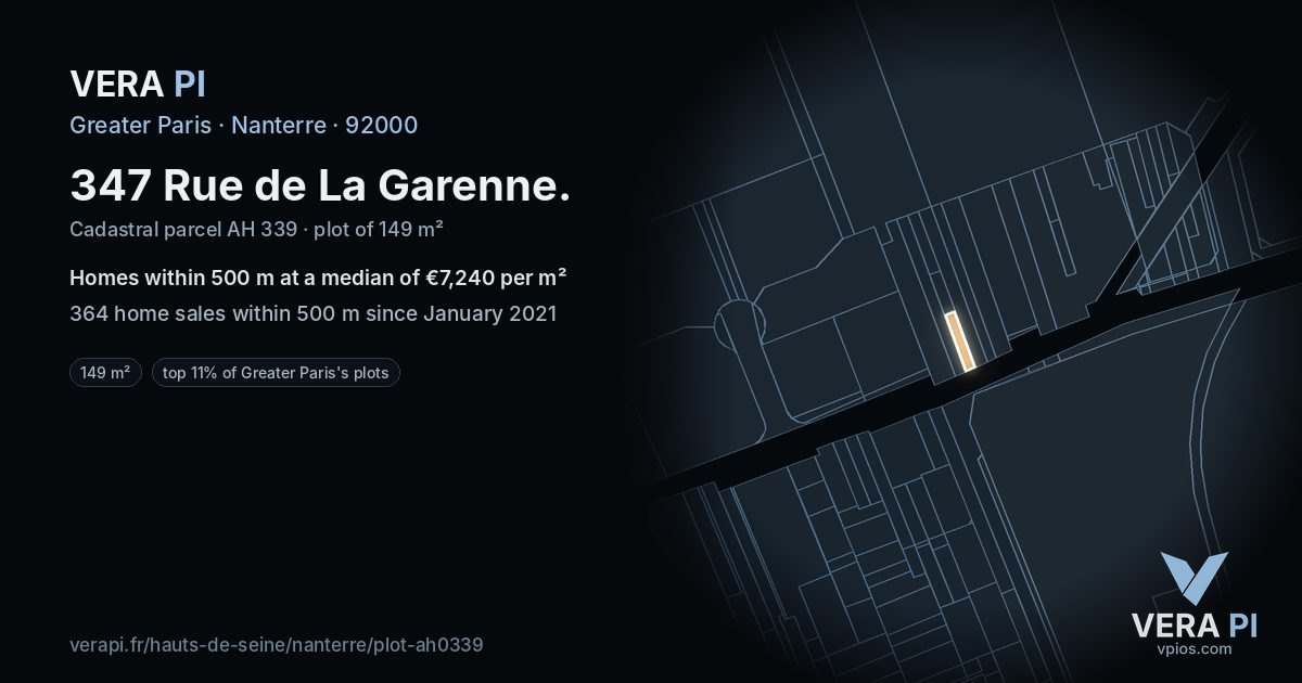 347 Rue de La Garenne, Nanterre at night – the plot lit, the parcels around coloured by the prices near them