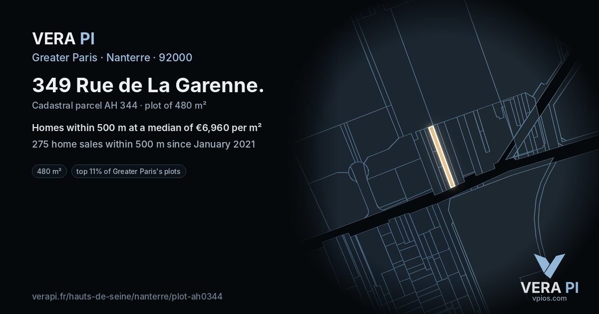 349 Rue de La Garenne, Nanterre at night – the plot lit, the parcels around coloured by the prices near them