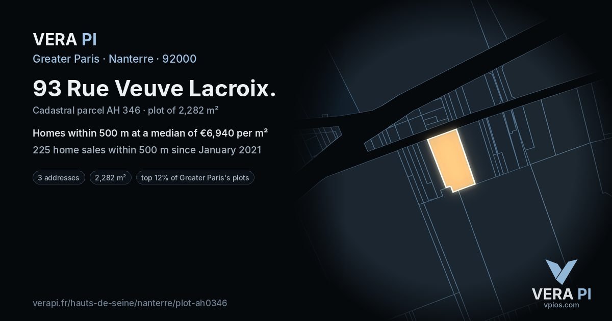 93 Rue Veuve Lacroix, Nanterre at night – the plot lit, the parcels around coloured by the prices near them