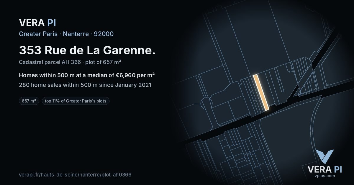353 Rue de La Garenne, Nanterre at night – the plot lit, the parcels around coloured by the prices near them