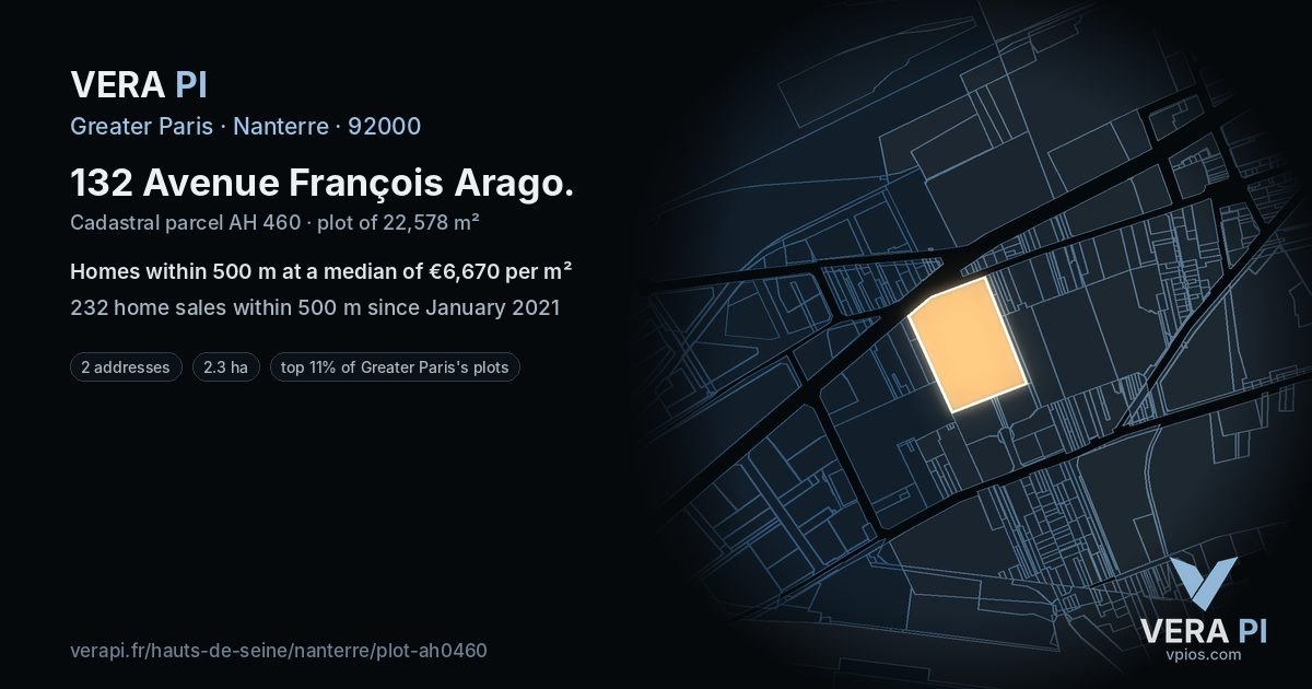 132 Avenue François Arago, Nanterre at night – the plot lit, the parcels around coloured by the prices near them