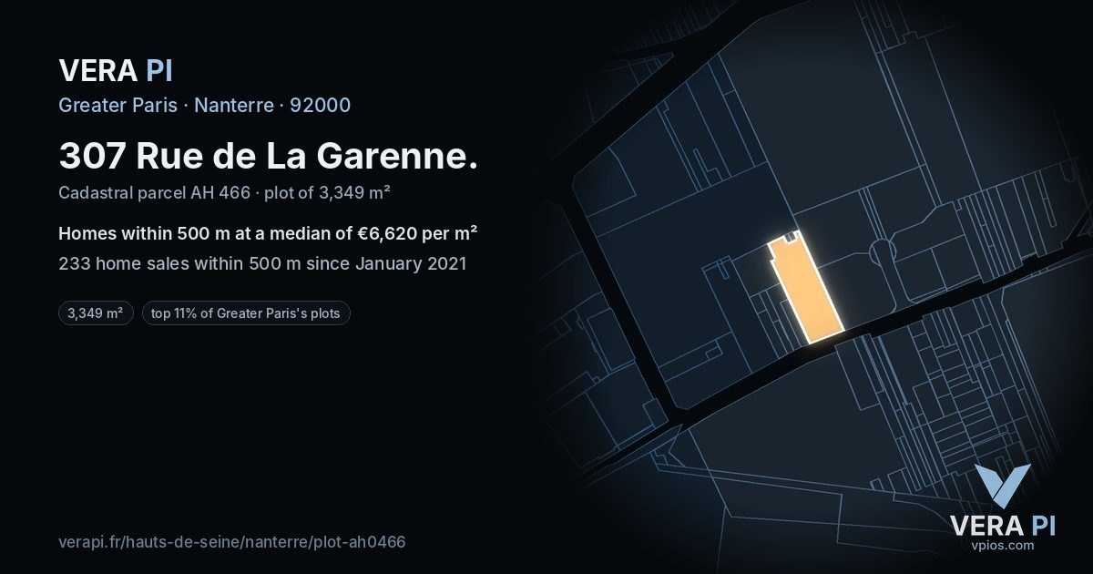 307 Rue de La Garenne, Nanterre at night – the plot lit, the parcels around coloured by the prices near them