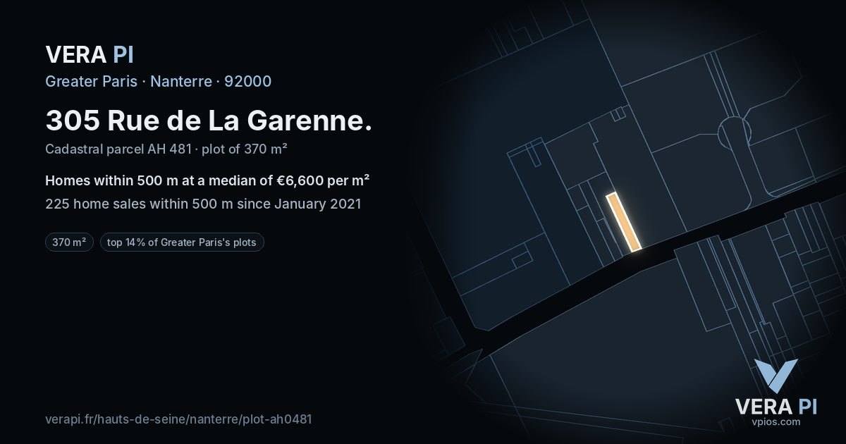 305 Rue de La Garenne, Nanterre at night – the plot lit, the parcels around coloured by the prices near them