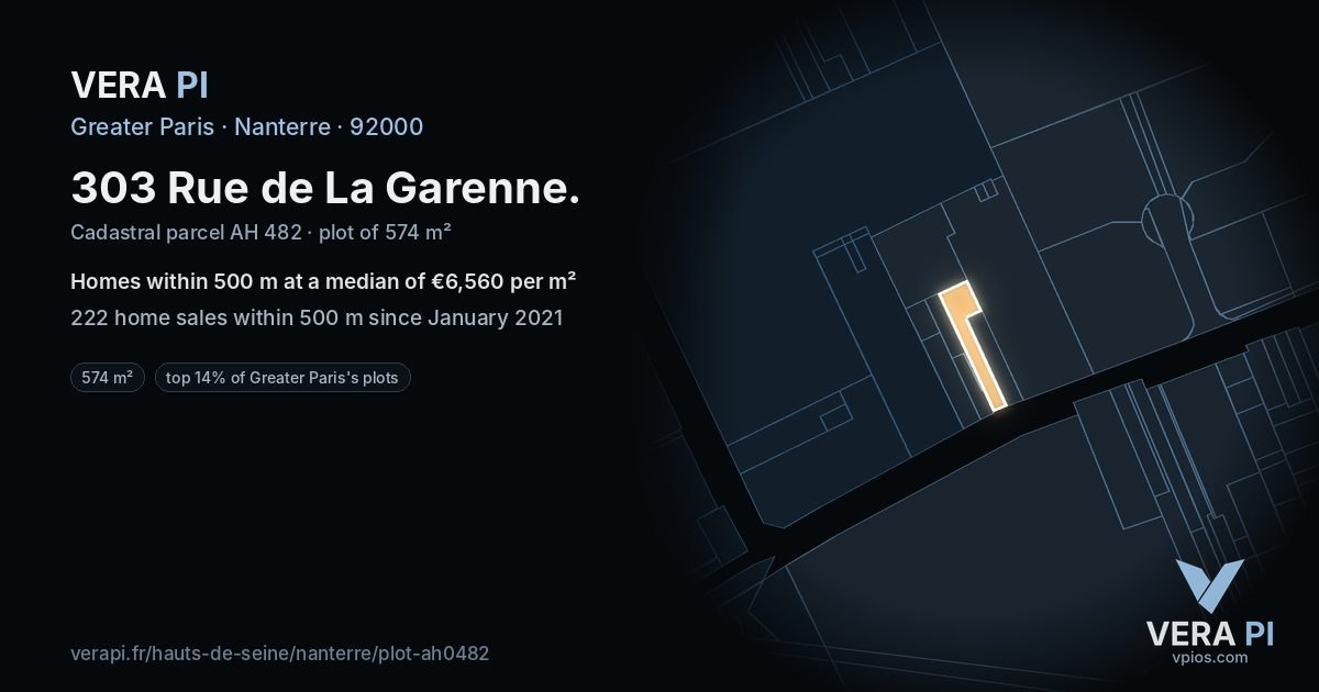 303 Rue de La Garenne, Nanterre at night – the plot lit, the parcels around coloured by the prices near them