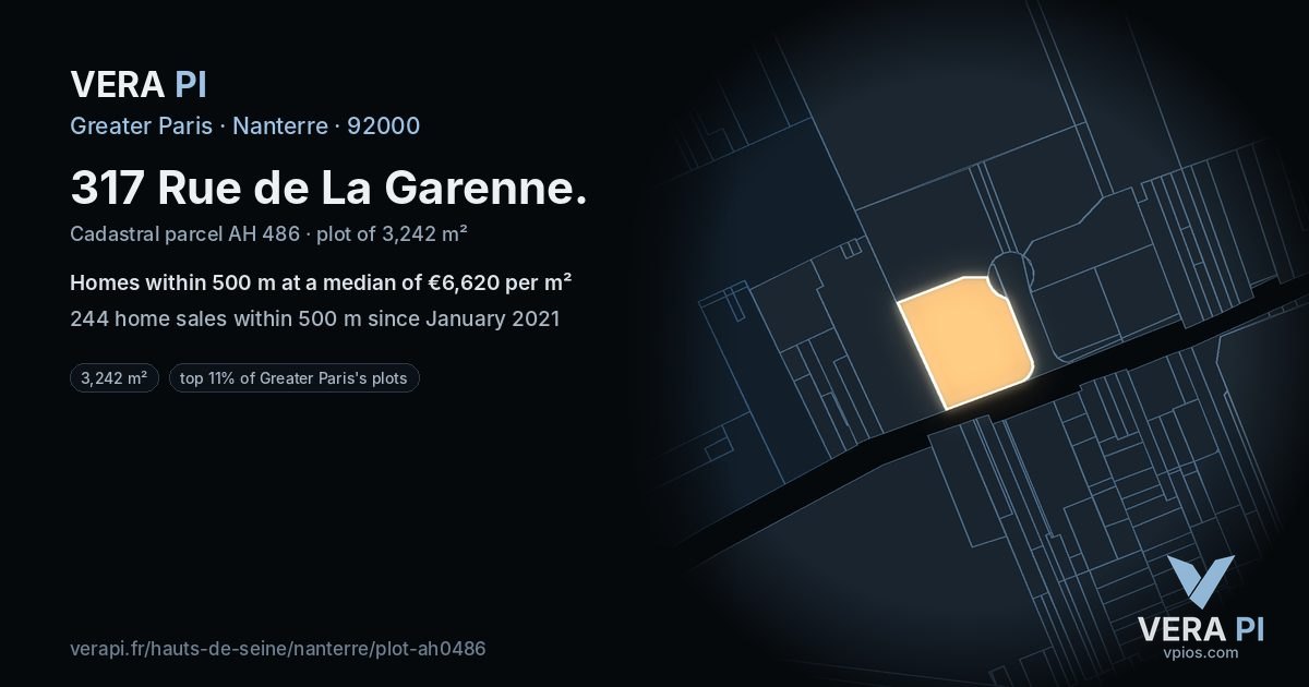 317 Rue de La Garenne, Nanterre at night – the plot lit, the parcels around coloured by the prices near them