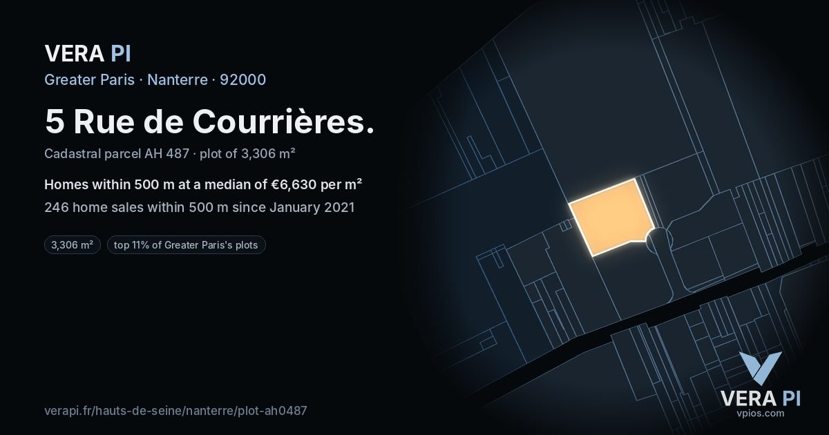 5 Rue de Courrières, Nanterre at night – the plot lit, the parcels around coloured by the prices near them