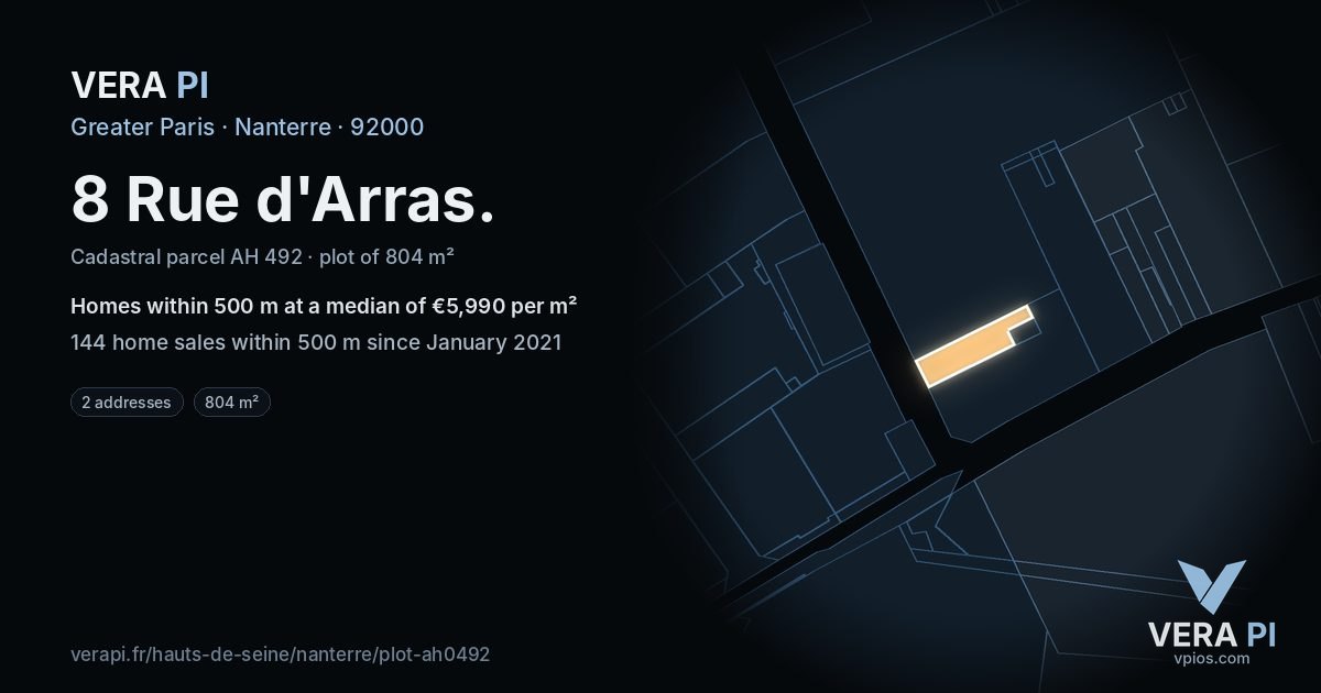 8 Rue d'Arras, Nanterre at night – the plot lit, the parcels around coloured by the prices near them