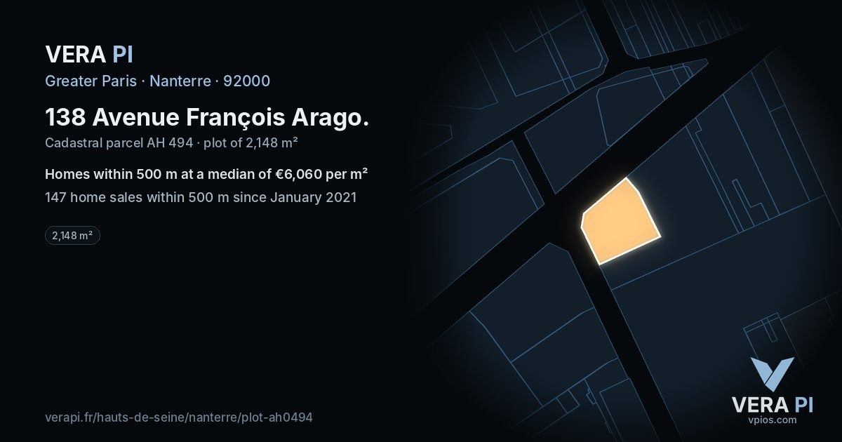 138 Avenue François Arago, Nanterre at night – the plot lit, the parcels around coloured by the prices near them