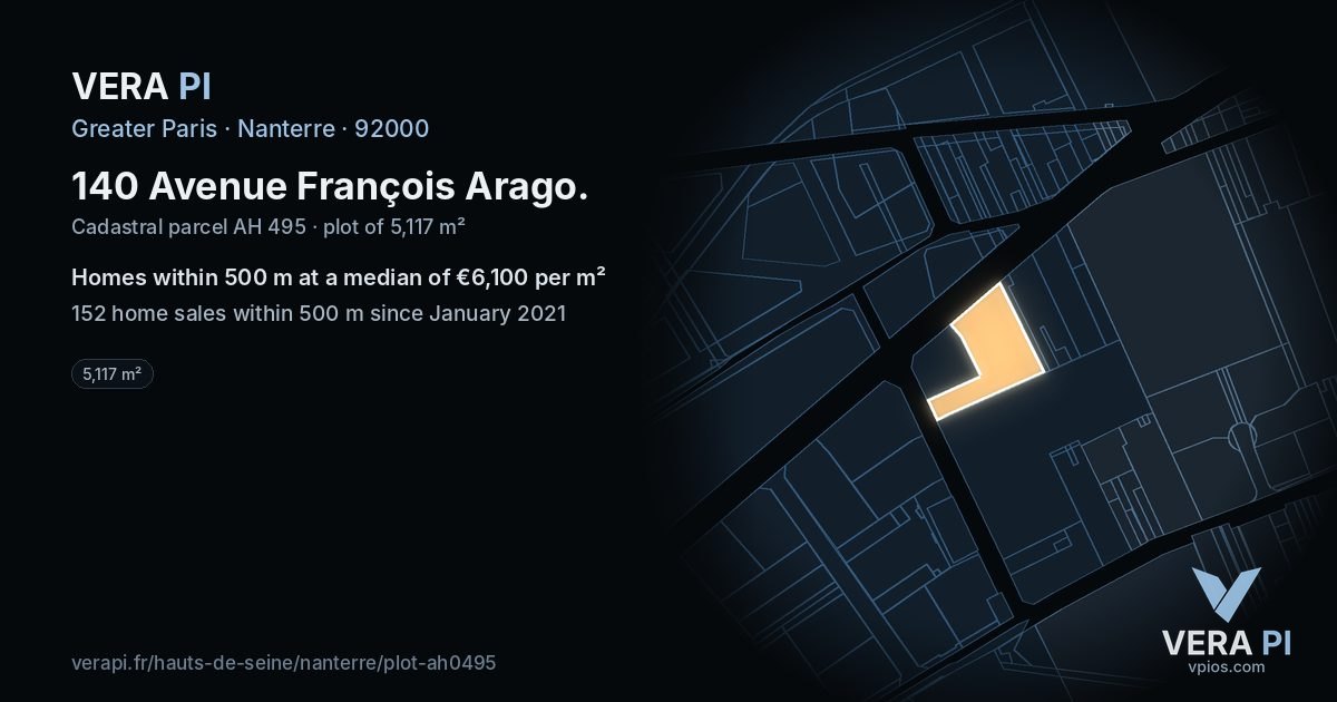 140 Avenue François Arago, Nanterre at night – the plot lit, the parcels around coloured by the prices near them