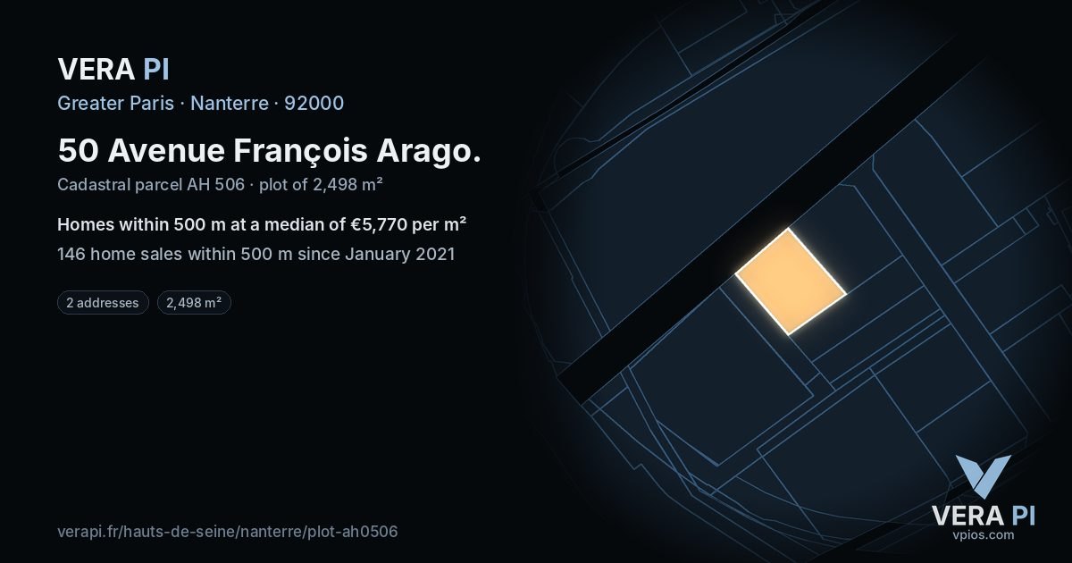 50 Avenue François Arago, Nanterre at night – the plot lit, the parcels around coloured by the prices near them