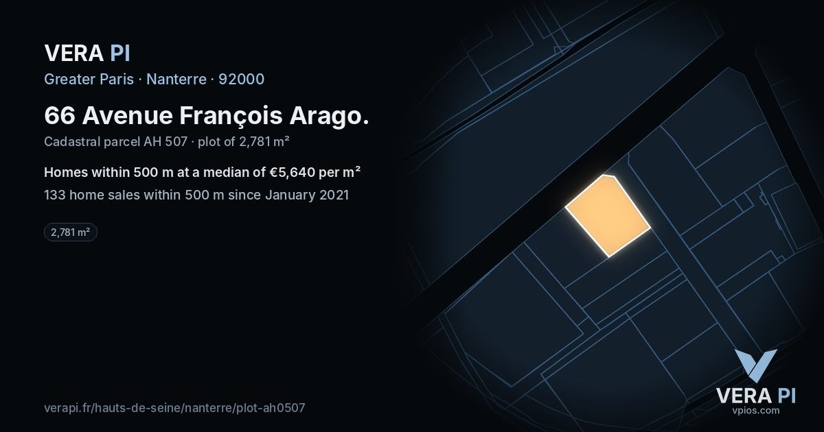 66 Avenue François Arago, Nanterre at night – the plot lit, the parcels around coloured by the prices near them