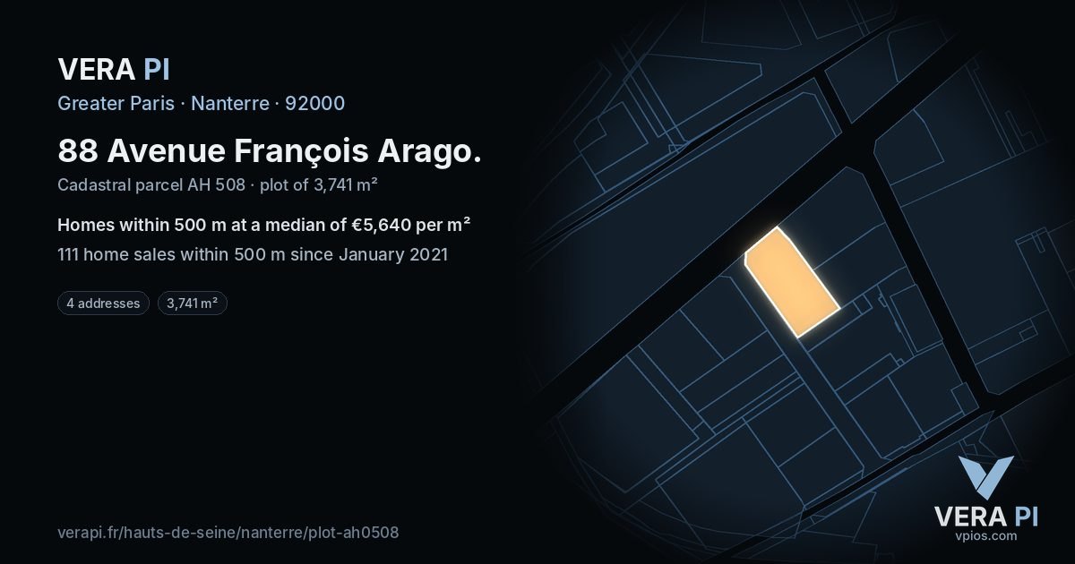 88 Avenue François Arago, Nanterre at night – the plot lit, the parcels around coloured by the prices near them