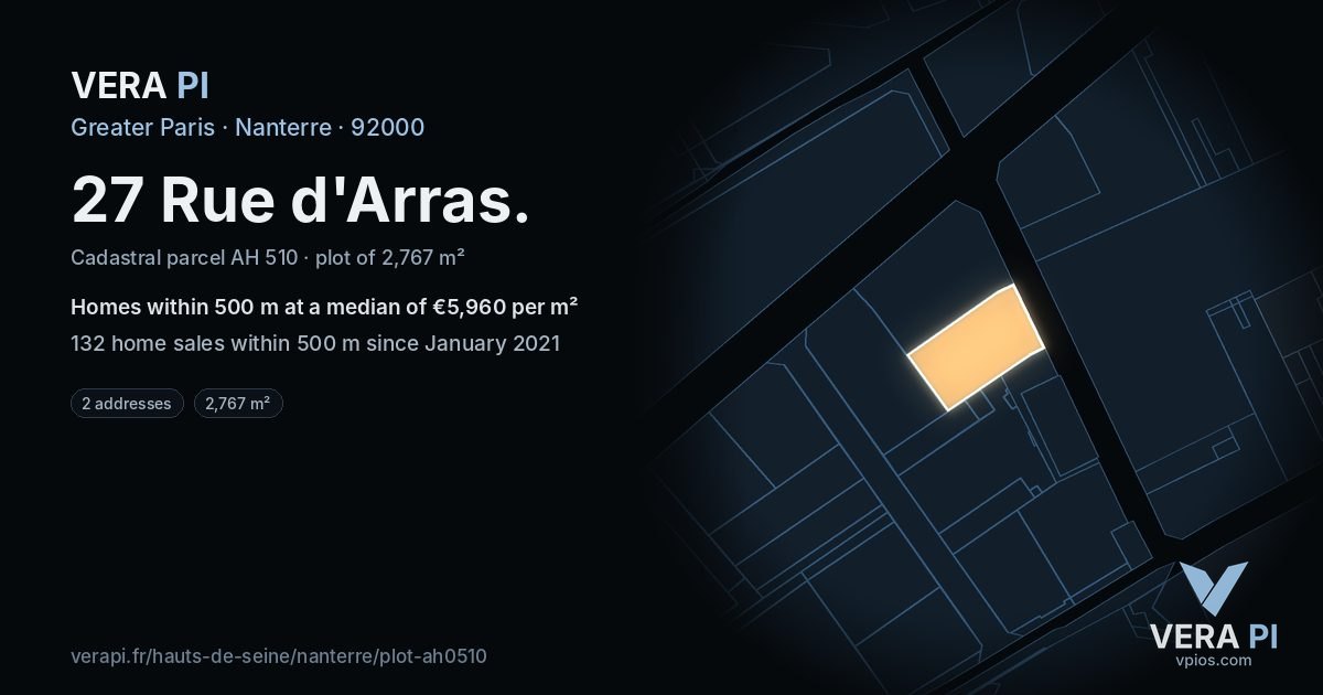27 Rue d'Arras, Nanterre at night – the plot lit, the parcels around coloured by the prices near them