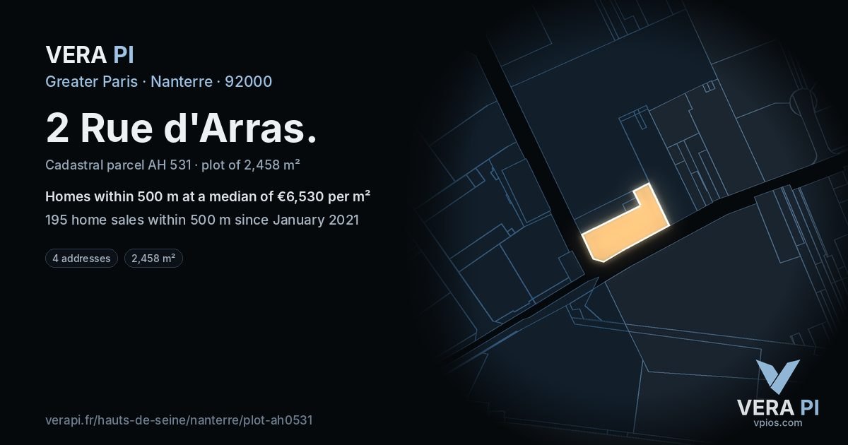 2 Rue d'Arras, Nanterre at night – the plot lit, the parcels around coloured by the prices near them