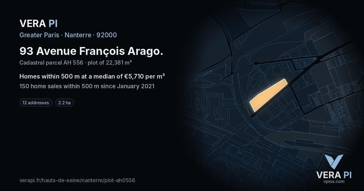 93 Avenue François Arago, Nanterre at night – the plot lit, the parcels around coloured by the prices near them