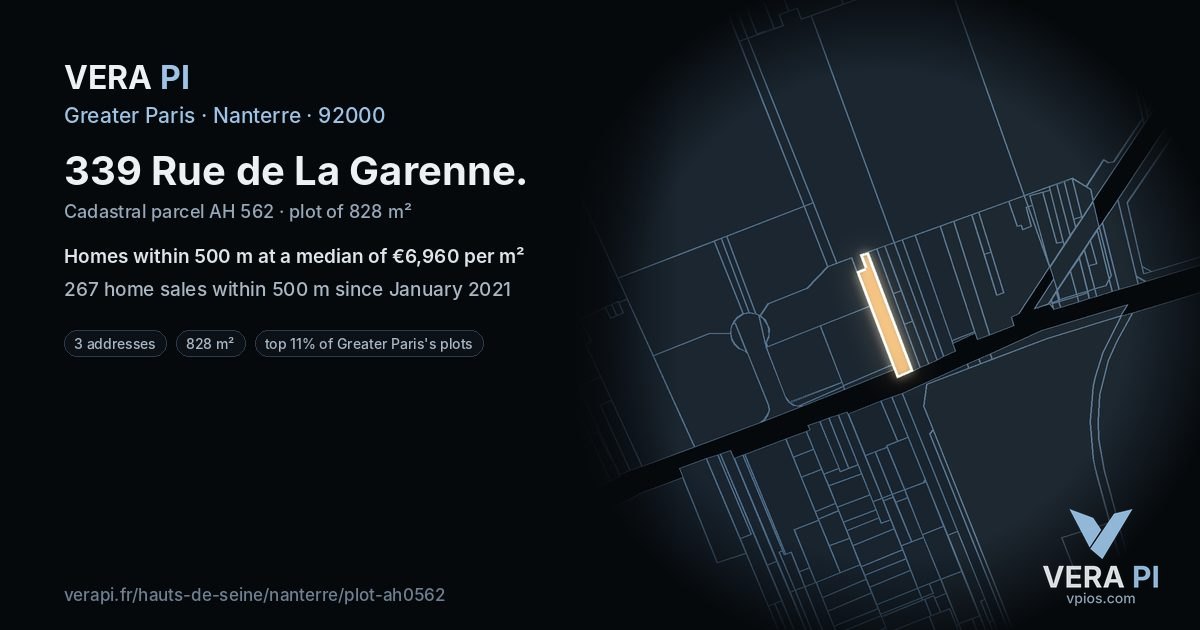 339 Rue de La Garenne, Nanterre at night – the plot lit, the parcels around coloured by the prices near them