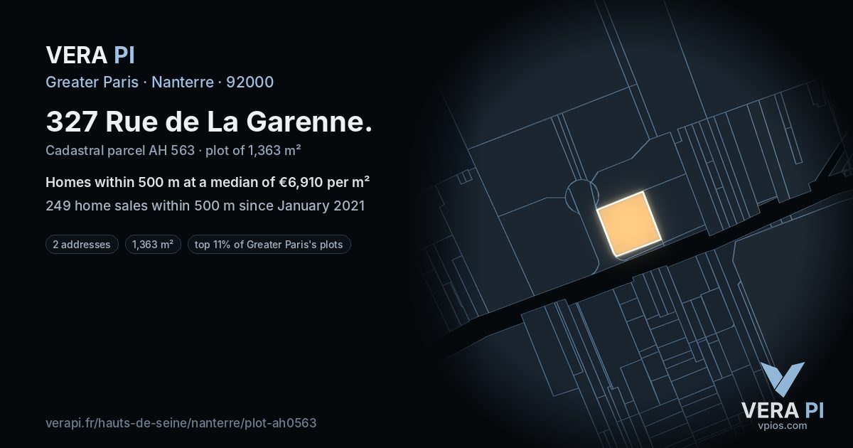327 Rue de La Garenne, Nanterre at night – the plot lit, the parcels around coloured by the prices near them