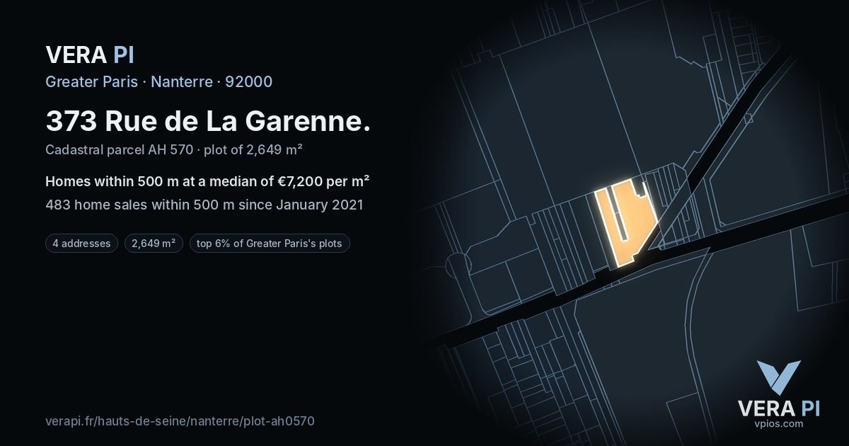 373 Rue de La Garenne, Nanterre at night – the plot lit, the parcels around coloured by the prices near them