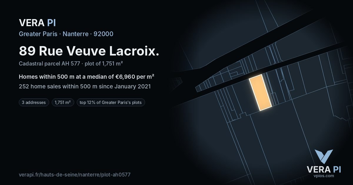 89 Rue Veuve Lacroix, Nanterre at night – the plot lit, the parcels around coloured by the prices near them