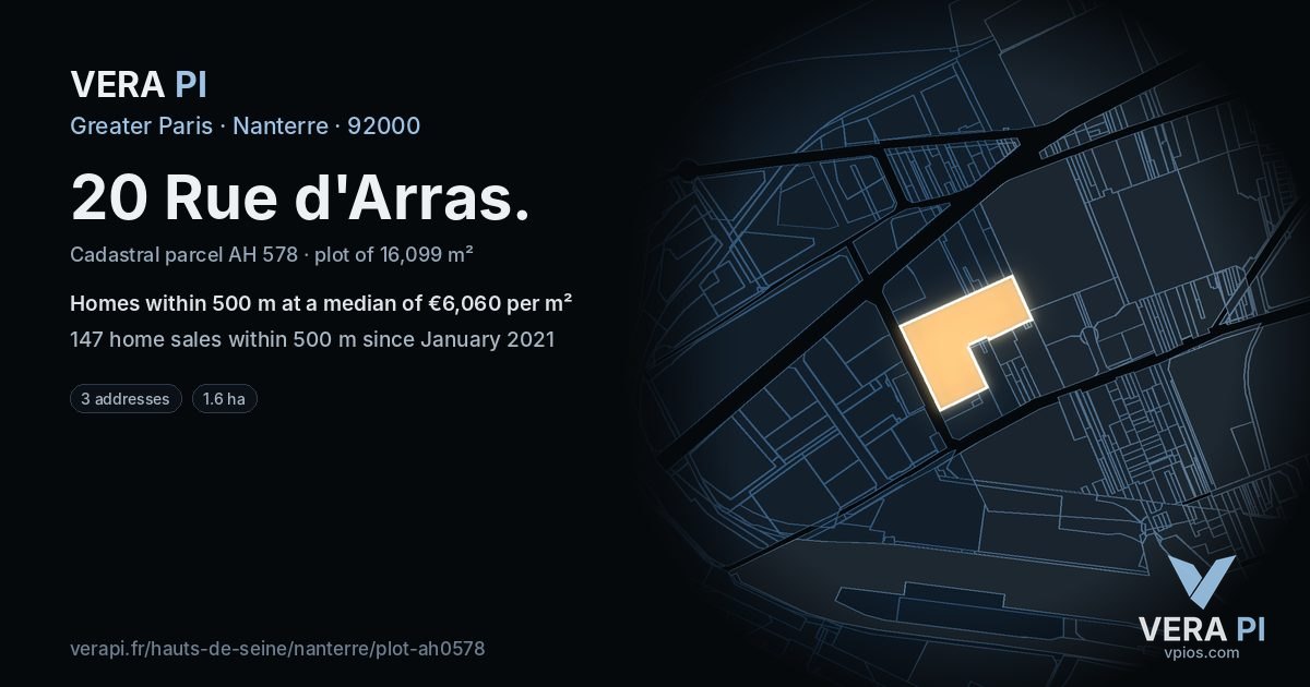 20 Rue d'Arras, Nanterre at night – the plot lit, the parcels around coloured by the prices near them