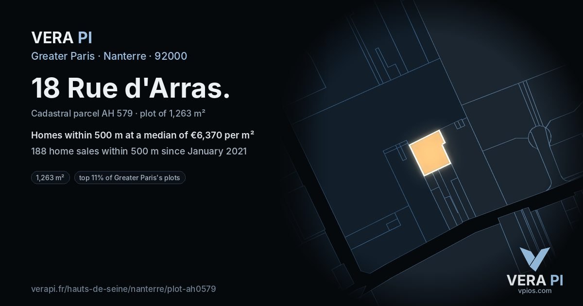 18 Rue d'Arras, Nanterre at night – the plot lit, the parcels around coloured by the prices near them