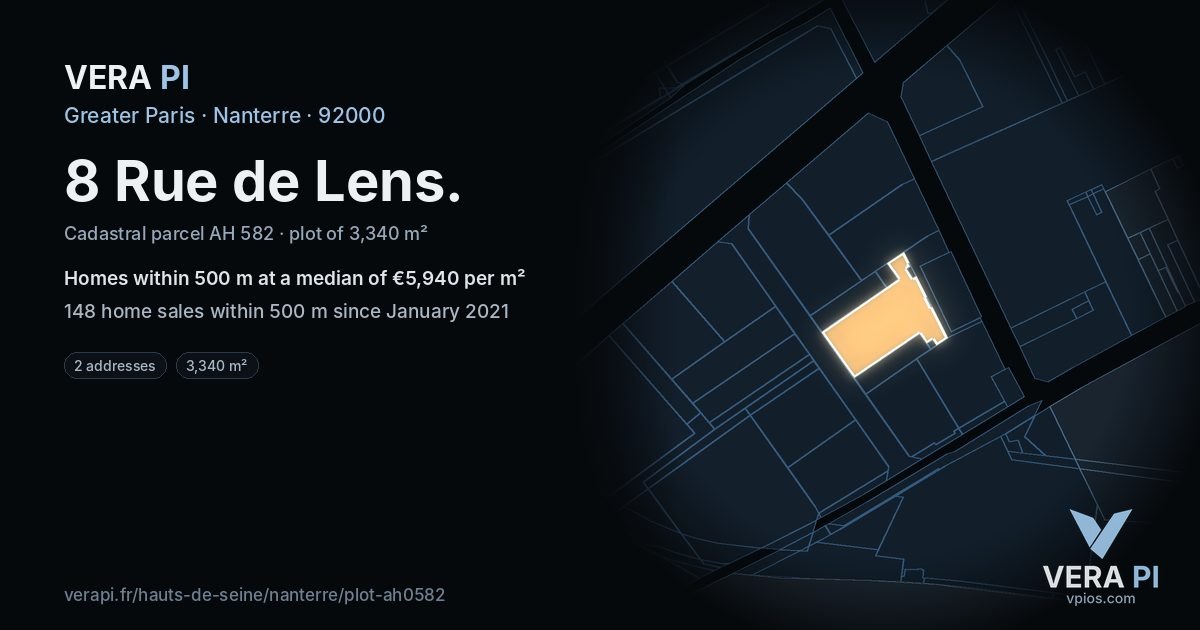 8 Rue de Lens, Nanterre at night – the plot lit, the parcels around coloured by the prices near them