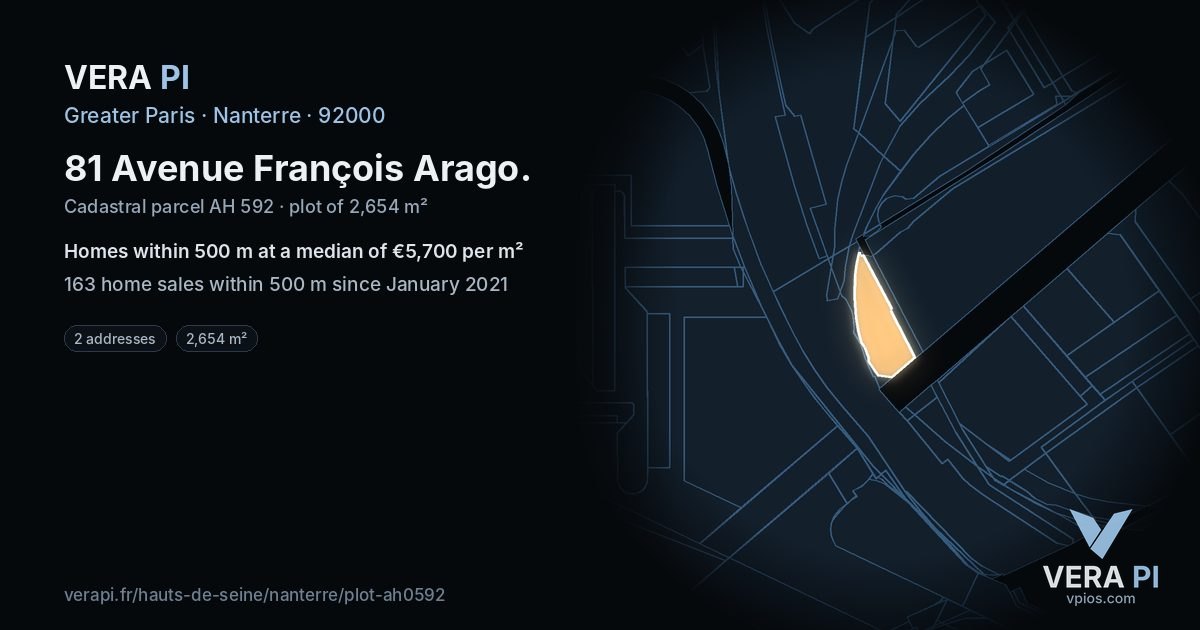 81 Avenue François Arago, Nanterre at night – the plot lit, the parcels around coloured by the prices near them