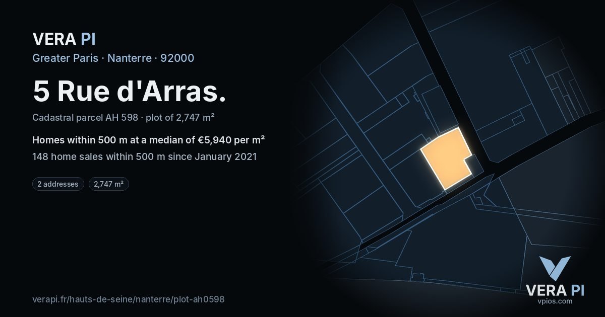 5 Rue d'Arras, Nanterre at night – the plot lit, the parcels around coloured by the prices near them
