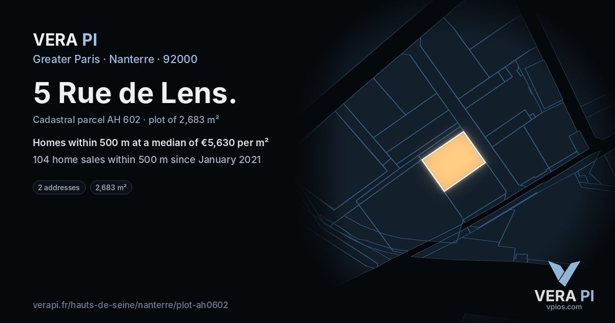 5 Rue de Lens, Nanterre at night – the plot lit, the parcels around coloured by the prices near them