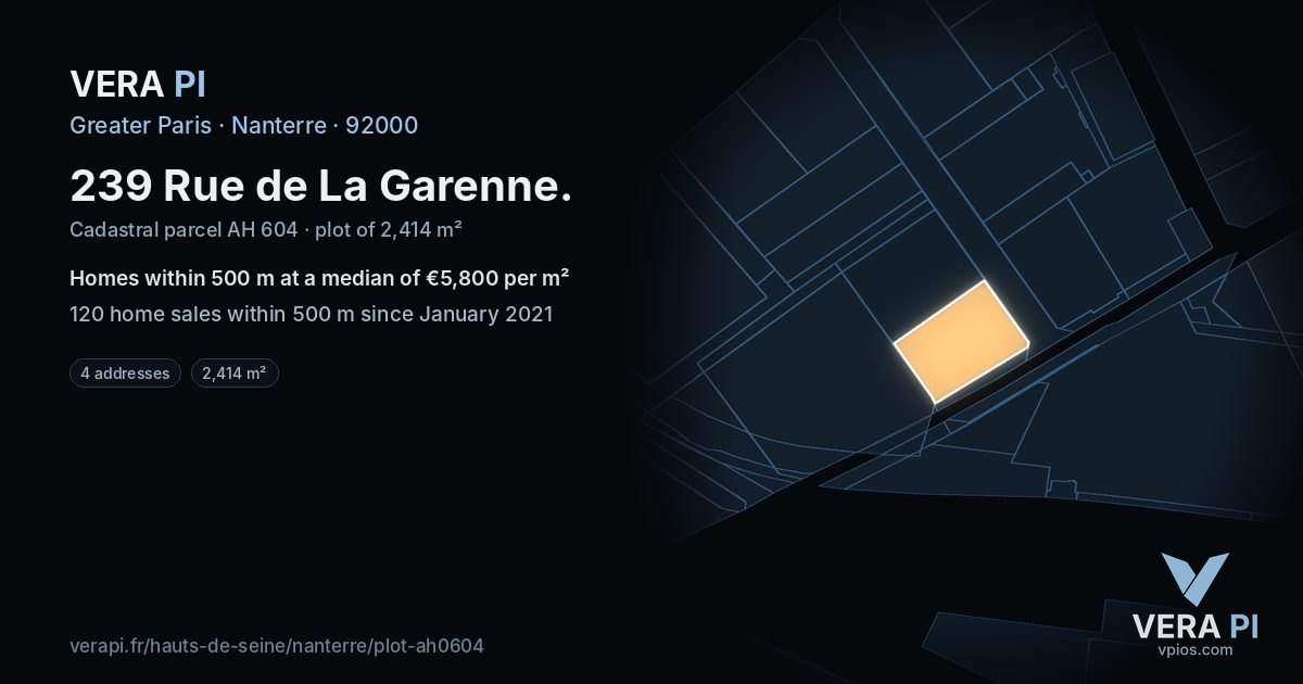 239 Rue de La Garenne, Nanterre at night – the plot lit, the parcels around coloured by the prices near them
