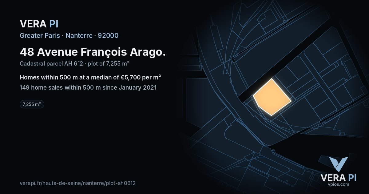 48 Avenue François Arago, Nanterre at night – the plot lit, the parcels around coloured by the prices near them