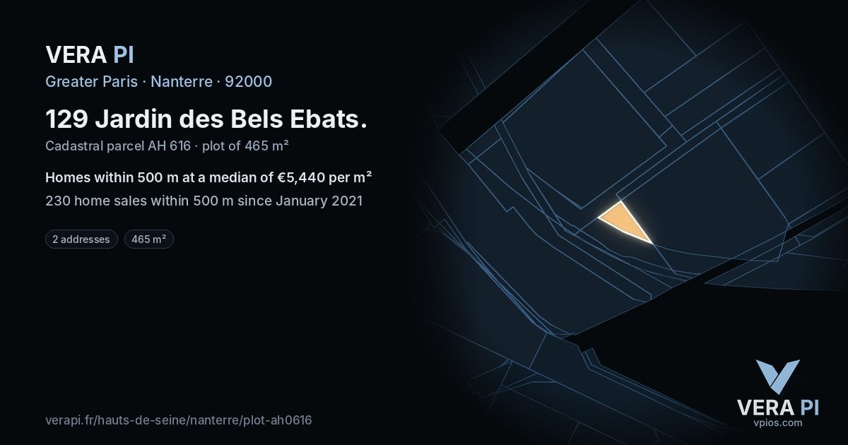 129 Jardin des Bels Ebats, Nanterre at night – the plot lit, the parcels around coloured by the prices near them