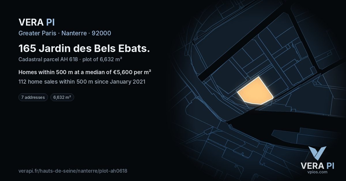 165 Jardin des Bels Ebats, Nanterre at night – the plot lit, the parcels around coloured by the prices near them