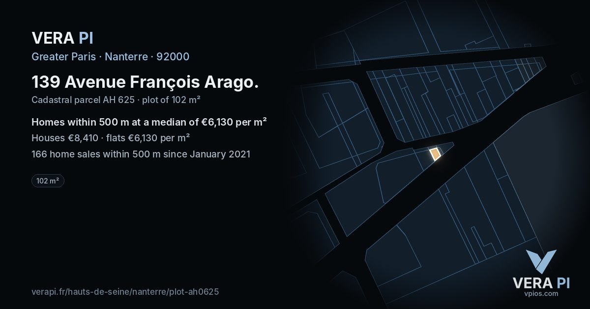 139 Avenue François Arago, Nanterre at night – the plot lit, the parcels around coloured by the prices near them