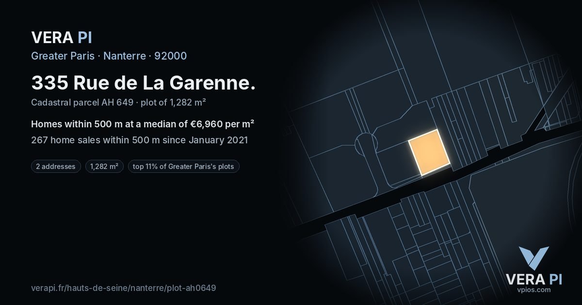 335 Rue de La Garenne, Nanterre at night – the plot lit, the parcels around coloured by the prices near them
