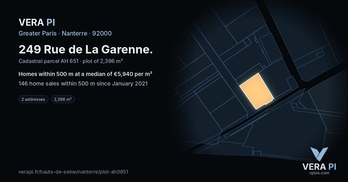 249 Rue de La Garenne, Nanterre at night – the plot lit, the parcels around coloured by the prices near them