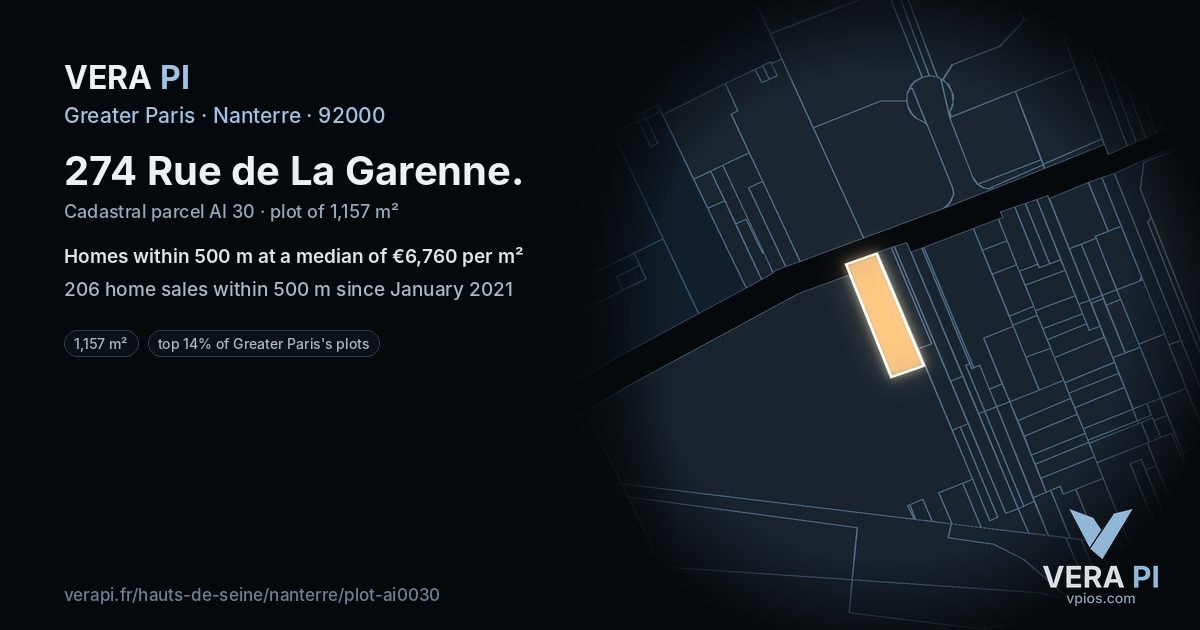 274 Rue de La Garenne, Nanterre at night – the plot lit, the parcels around coloured by the prices near them