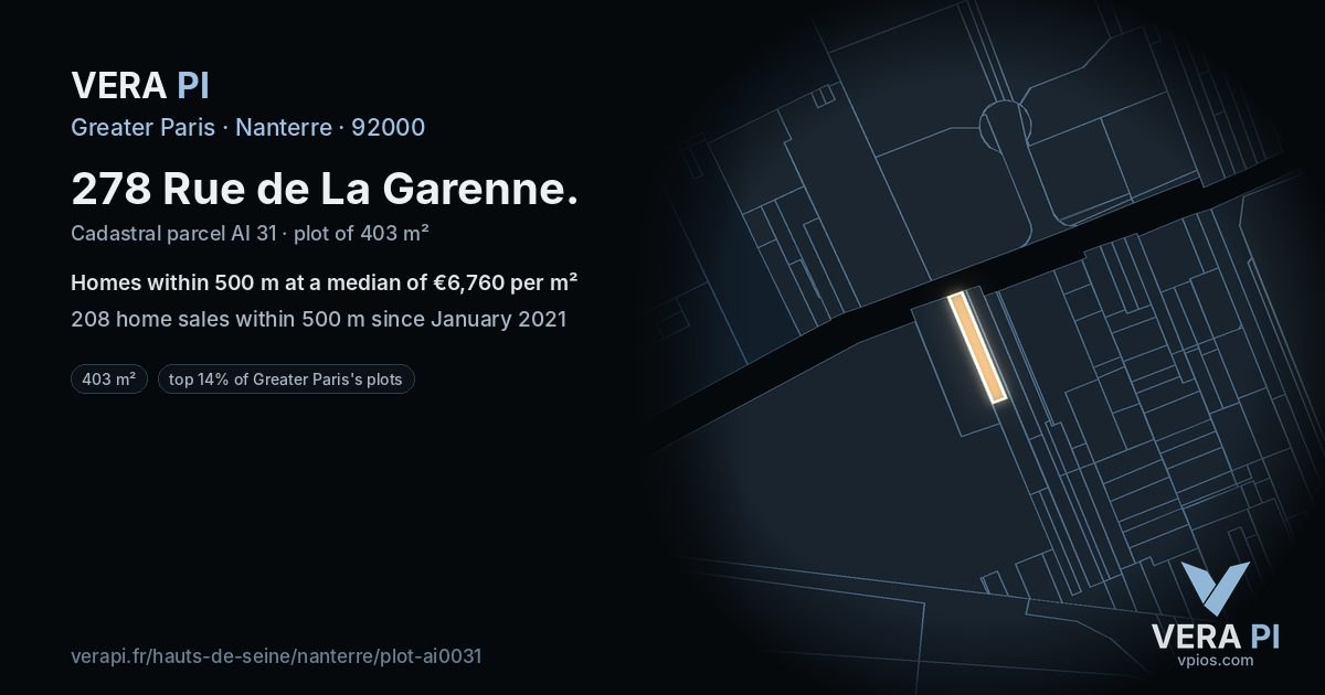 278 Rue de La Garenne, Nanterre at night – the plot lit, the parcels around coloured by the prices near them