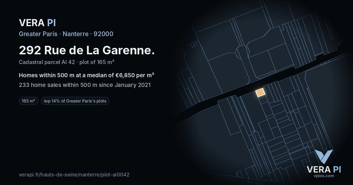 292 Rue de La Garenne, Nanterre at night – the plot lit, the parcels around coloured by the prices near them