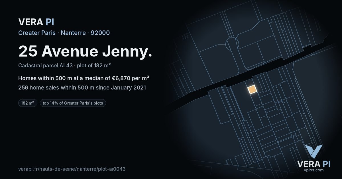 25 Avenue Jenny, Nanterre at night – the plot lit, the parcels around coloured by the prices near them