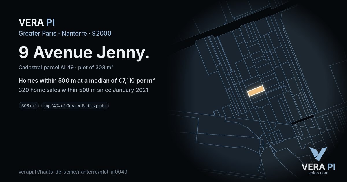 9 Avenue Jenny, Nanterre at night – the plot lit, the parcels around coloured by the prices near them
