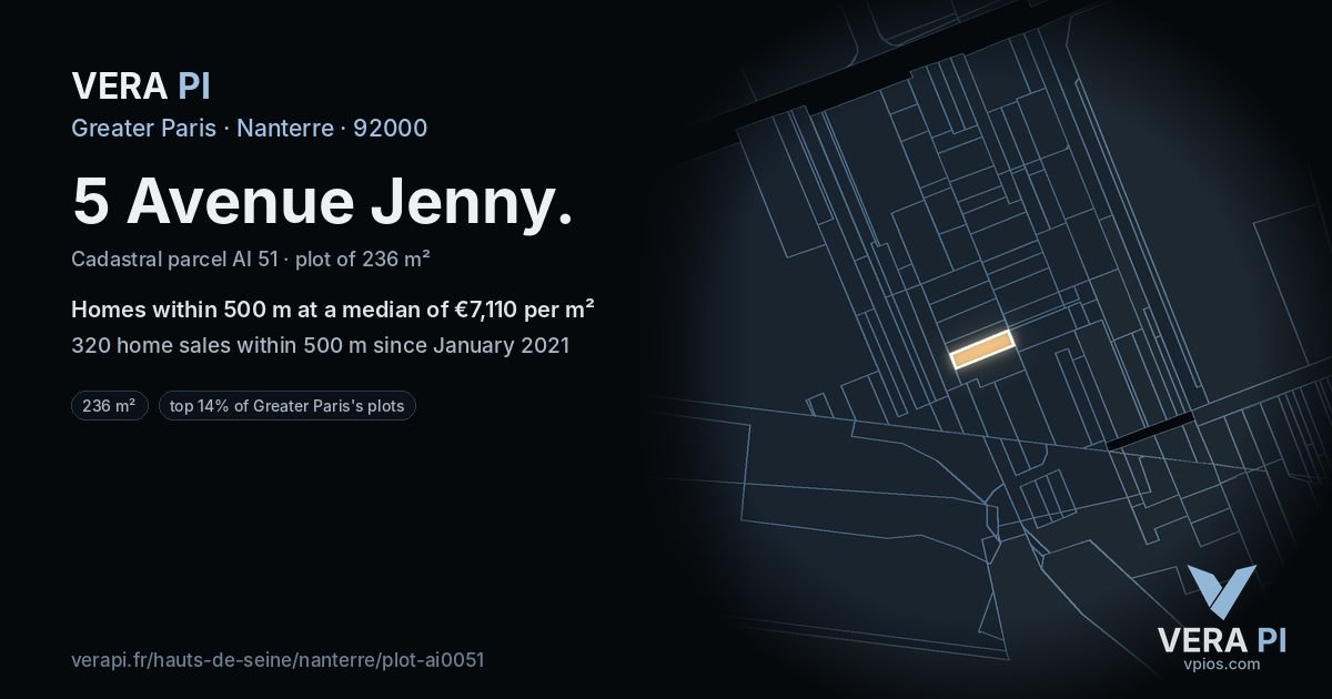5 Avenue Jenny, Nanterre at night – the plot lit, the parcels around coloured by the prices near them