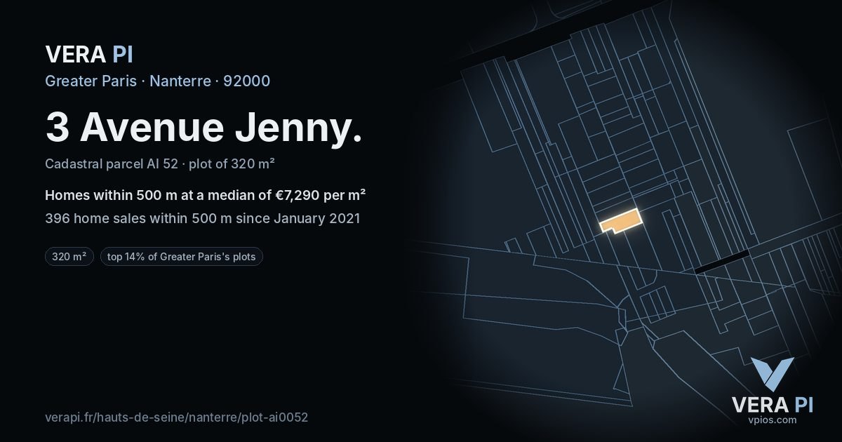 3 Avenue Jenny, Nanterre at night – the plot lit, the parcels around coloured by the prices near them